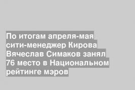 По итогам апреля-мая сити-менеджер Кирова Вячеслав Симаков занял 76 место в Национальном рейтинге мэров